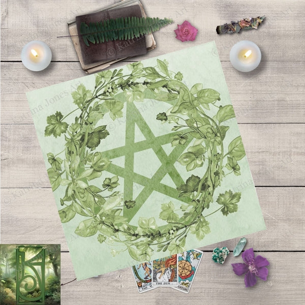 Green Pentacle Tarot And Altar Cloth - Botanical Wicca Witch Pagan Decor Square