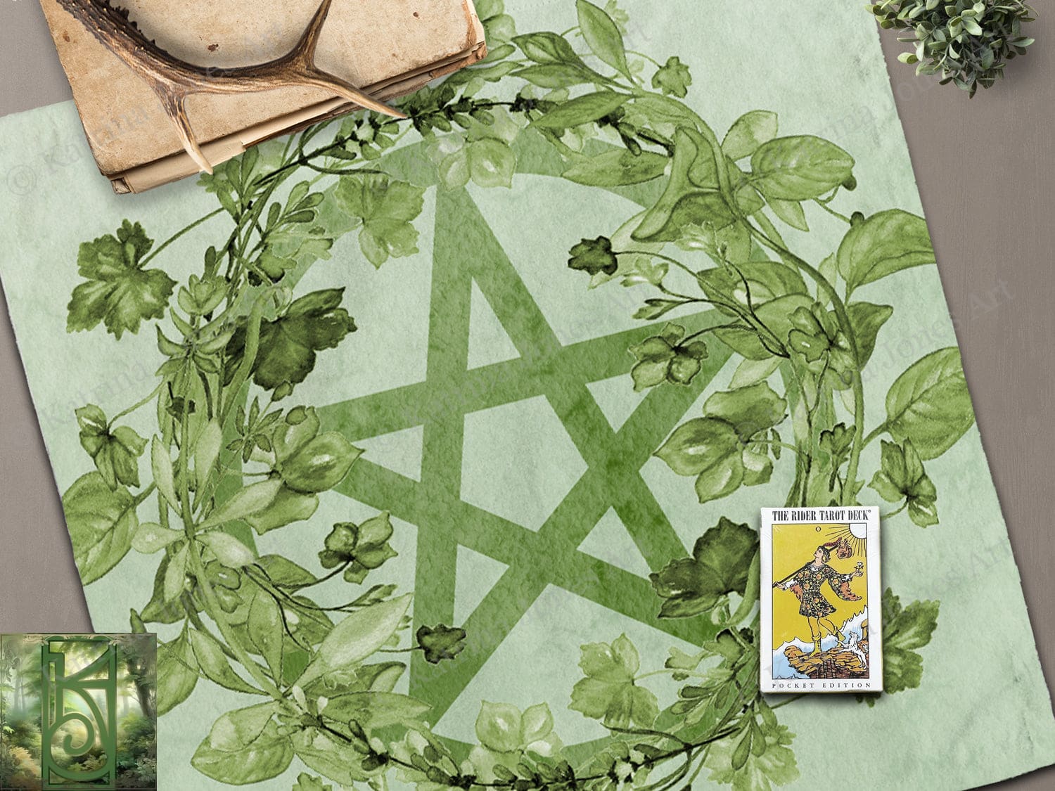 Green Pentacle Tarot And Altar Cloth - Botanical Wicca Witch Pagan Decor 22X22 Inch Twill Square