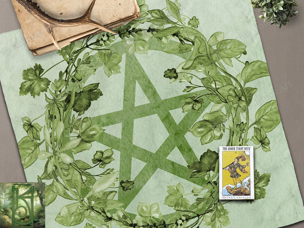 Green Pentacle Tarot And Altar Cloth - Botanical Wicca Witch Pagan Decor 22X22 Inch Twill Square