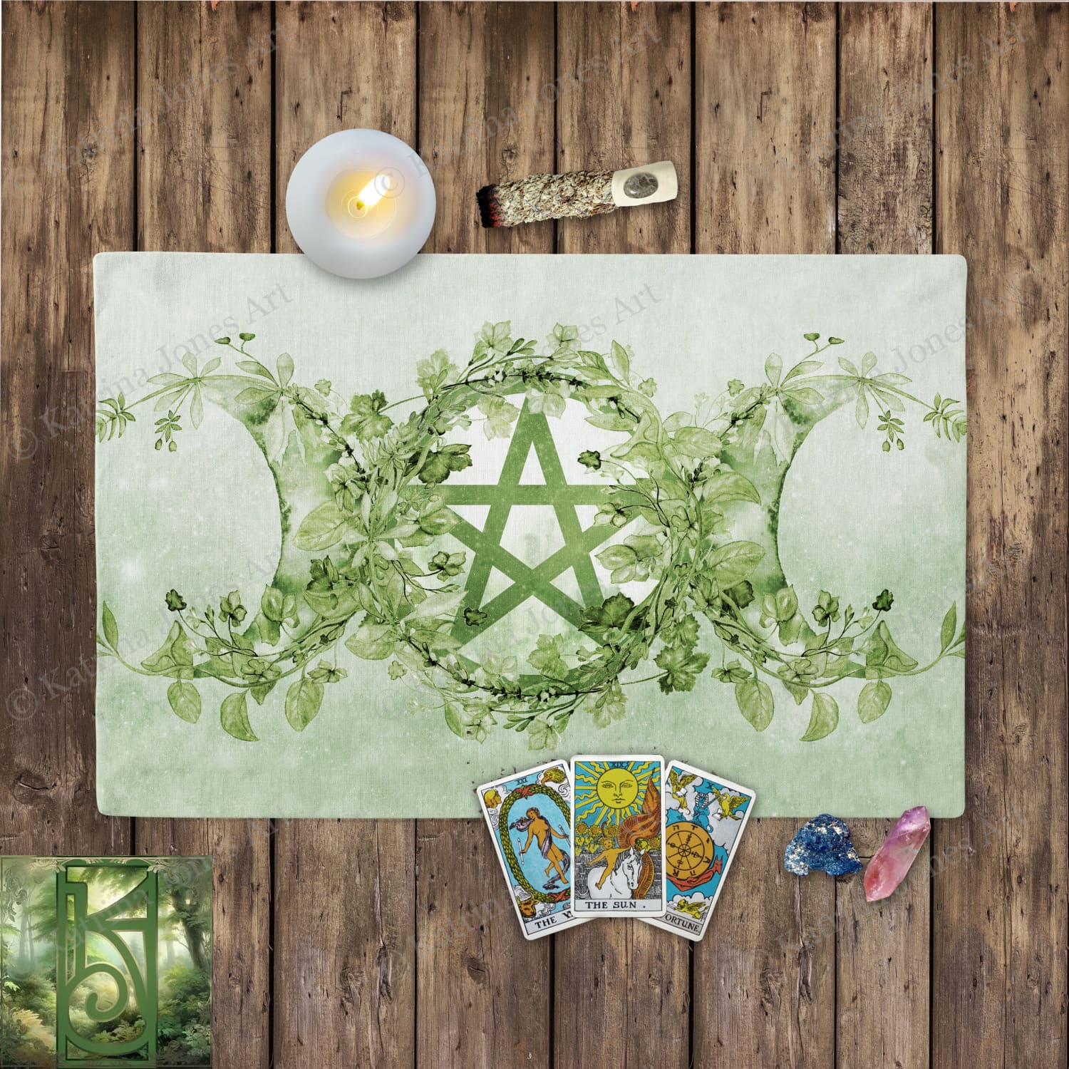 Leafy Green Pentacle Altar Cloth Witch Pagan Tarot Reading Cloth Cotton Twill Rec
