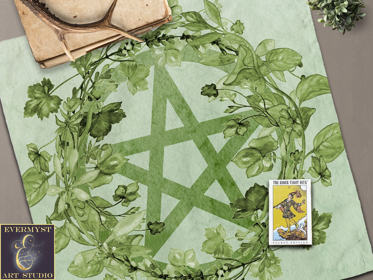 Green Pentacle Tarot And Altar Cloth - Botanical Wicca Witch Pagan Decor 22X22 Inch Twill Square