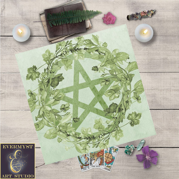 Green Pentacle Tarot And Altar Cloth - Botanical Wicca Witch Pagan Decor Square