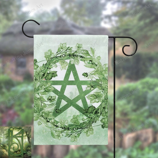 Green Pentacle Wreath Flag - Litha Summer Nature Witch Garden Decor
