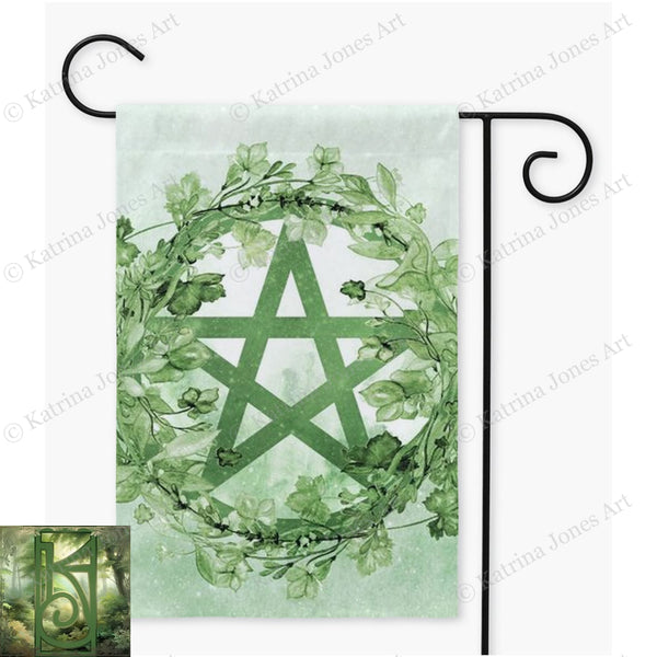 Green Pentacle Wreath Flag - Litha Summer Nature Witch Garden Decor Double / 12X18 Inch