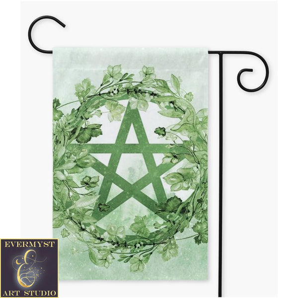 Green Pentacle Wreath Flag - Litha Summer Nature Witch Garden Decor Double / 12X18 Inch