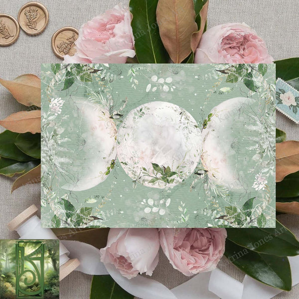 Green Triple Moon Symbol Greeting Card Wicca Witch Pagan Imbolc Blank Notecard