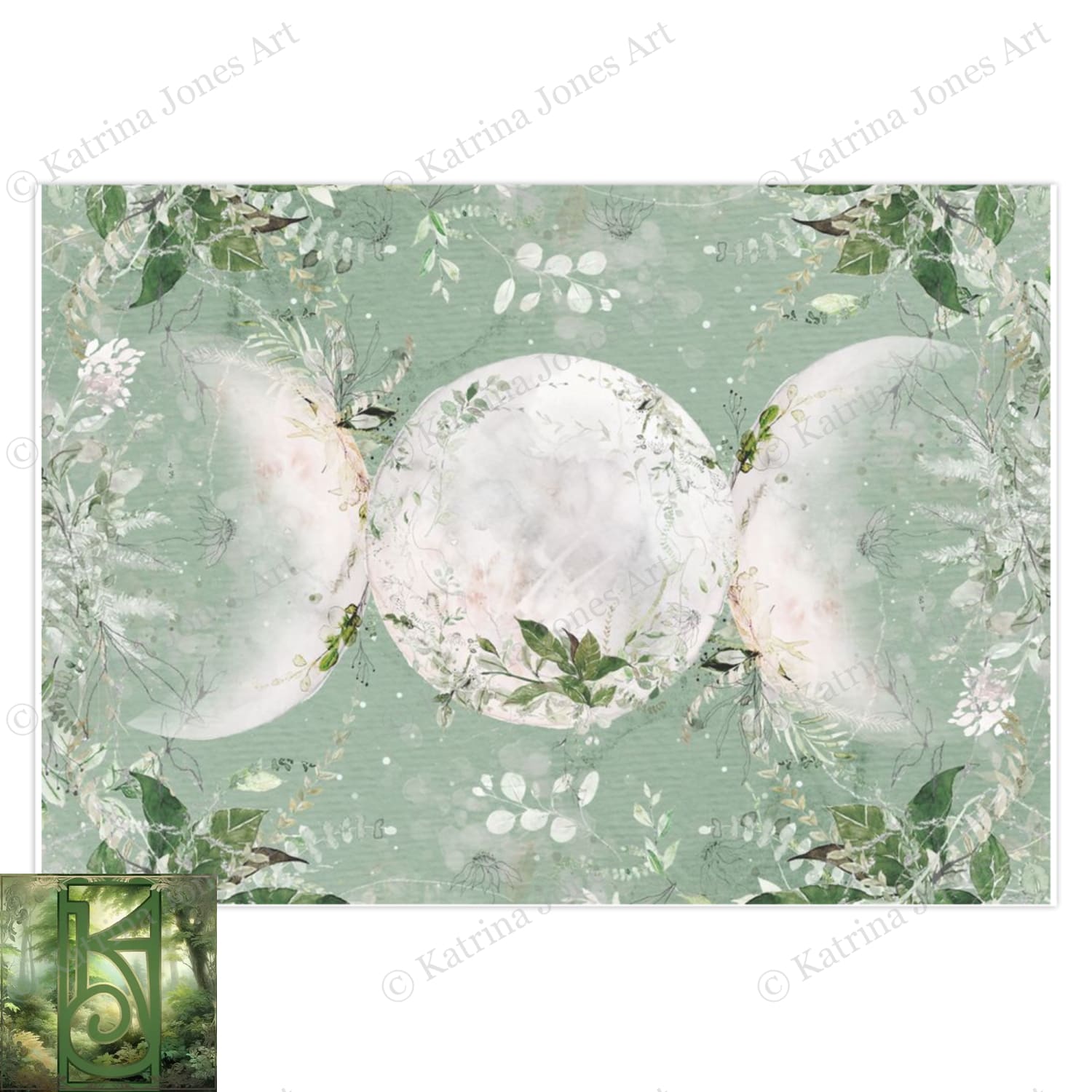 Green Triple Moon Symbol Greeting Card Wicca Witch Pagan Imbolc Blank Notecard 5 Cards