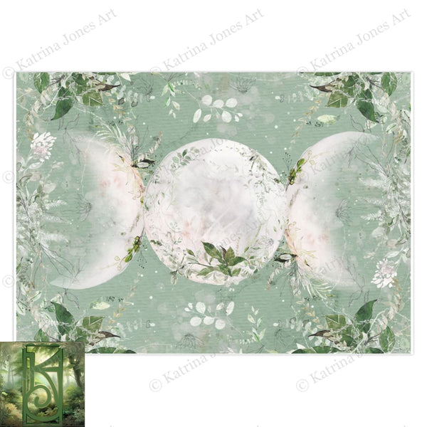 Green Triple Moon Symbol Greeting Card Wicca Witch Pagan Imbolc Blank Notecard 5 Cards