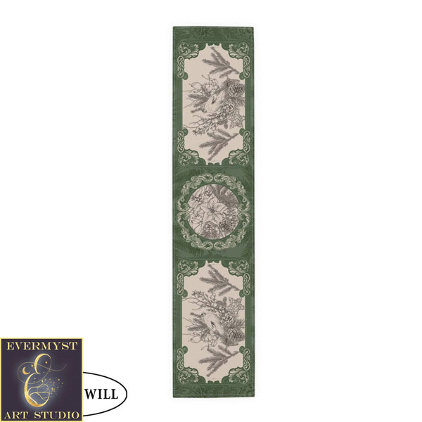 Green Woodland Bird Altar Cloth Table Runner For Tarot Reading And Witch Decor