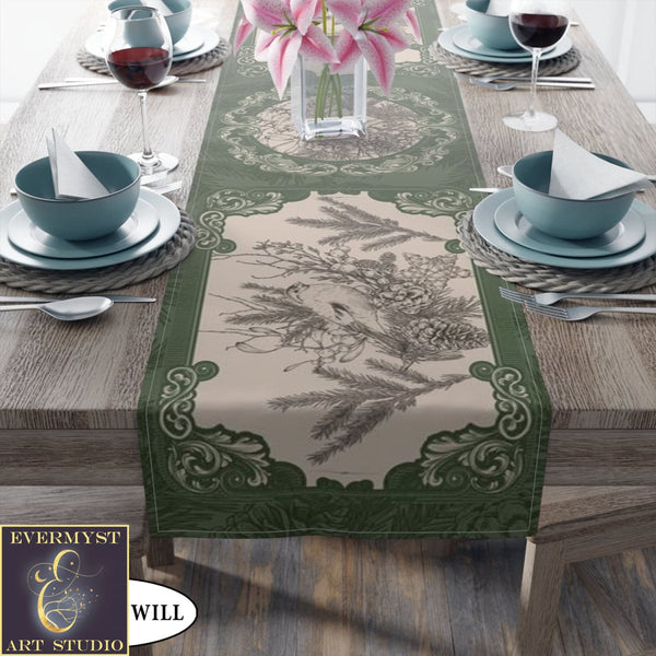 Green Woodland Bird Altar Cloth Table Runner For Tarot Reading And Witch Decor