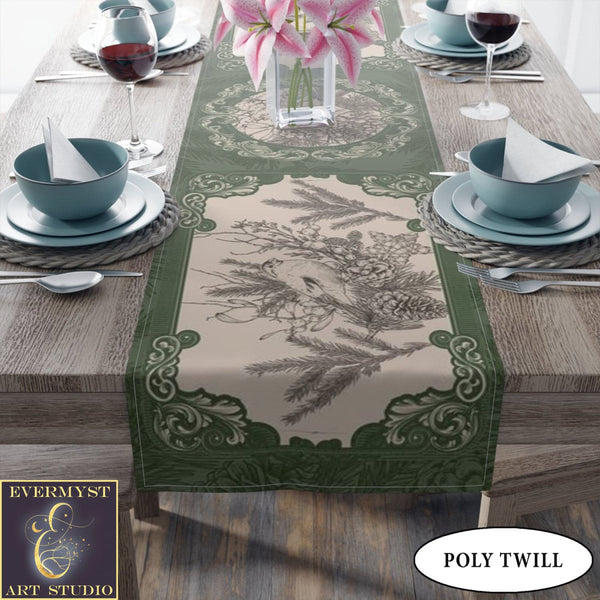 Green Woodland Bird Altar Cloth Table Runner For Tarot Reading And Witch Decor