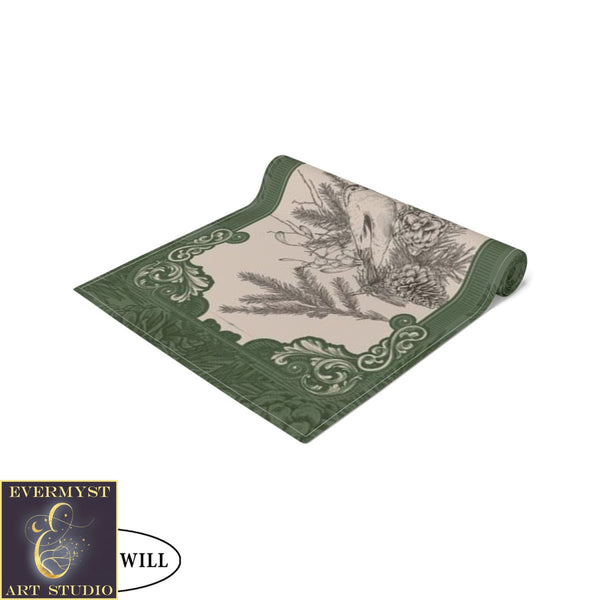 Green Woodland Bird Altar Cloth Table Runner For Tarot Reading And Witch Decor