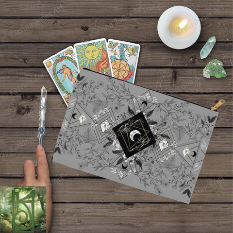 Boho Grey Moon Black And White Accessory Pouches Vintage Design Witch Wicca Pagan Decor Zippered