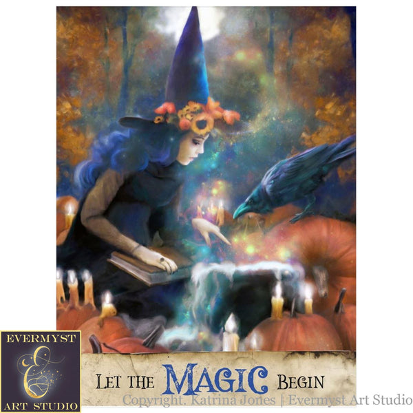 Witch Art Print - Let The Magic Begin Halloween Pumpkin Potion Painting