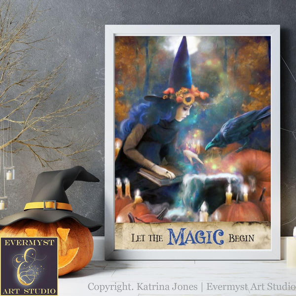 Witch Art Print - Let The Magic Begin Halloween Pumpkin Potion Painting