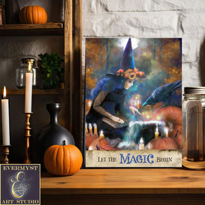 Witch Art Print - Let The Magic Begin Halloween Pumpkin Potion Painting 8 X 10 Paper