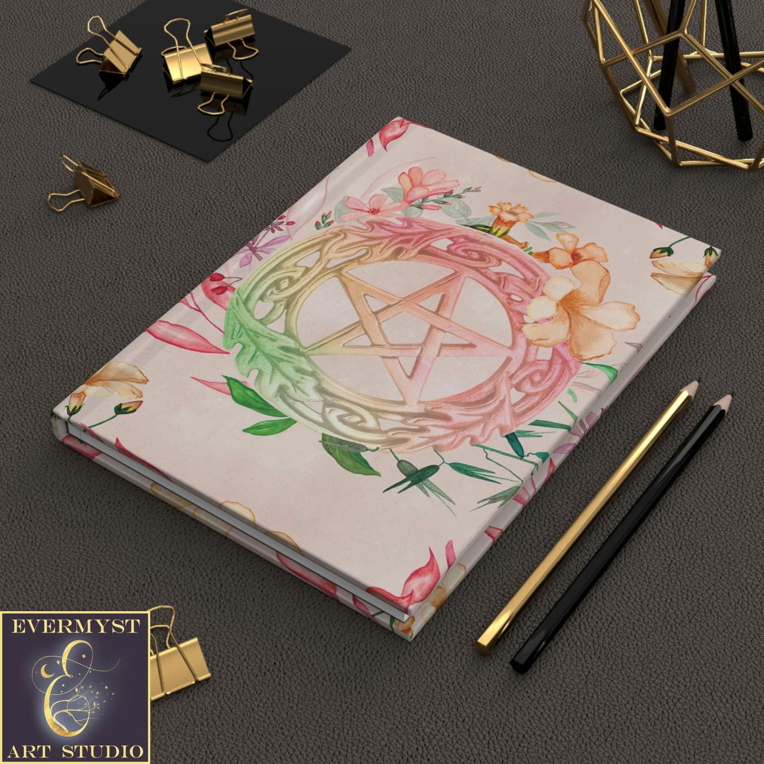 Hardcover Journal - Floral Witch Pagan Blank Book Pentacle Design