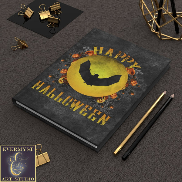 Hardcover Journal Happy Halloween With Gothic Bat Moon Blank Book