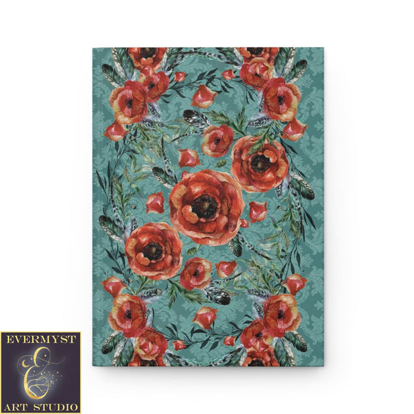 Hardcover Journal Red Poppy Flowers Boho Blank Book