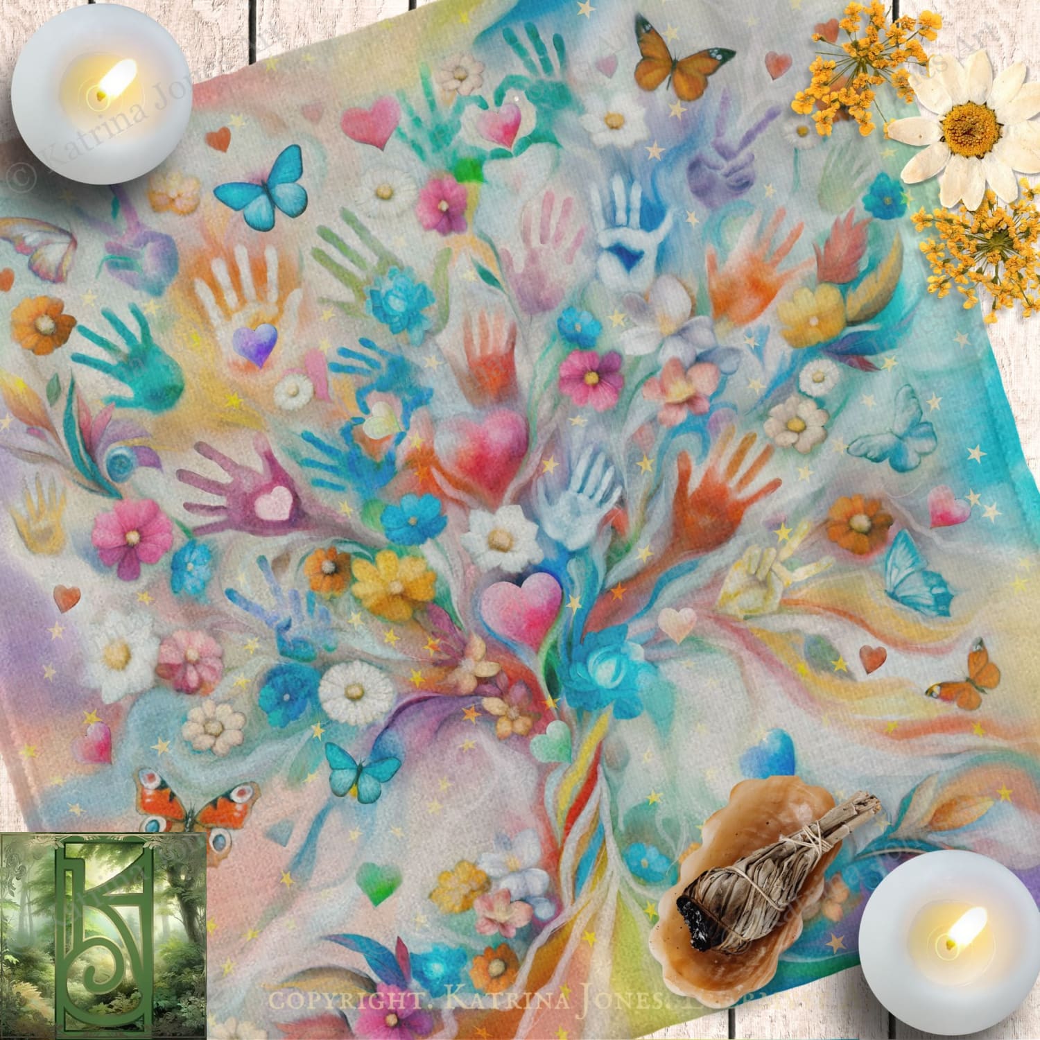 Hearts and Hands Diversity Square Altar Cloth Tarot Mat Altar Cloth Square