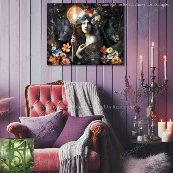 a cozy and inviting living space with a plush red velvet armchair, a wooden side table with a vase of flowers, and a framed artwork depicting a woman with a lantern in her hand.