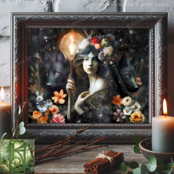 The image is a framed artwork depicting a woman with a staff surrounded by a wolf and a flower, set against a starry night sky background.