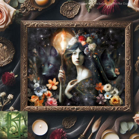 The image is a framed artwork depicting a woman with a staff surrounded by a floral design, including flowers, leaves, and a wolf. The artwork is set against a dark background with a starry sky.