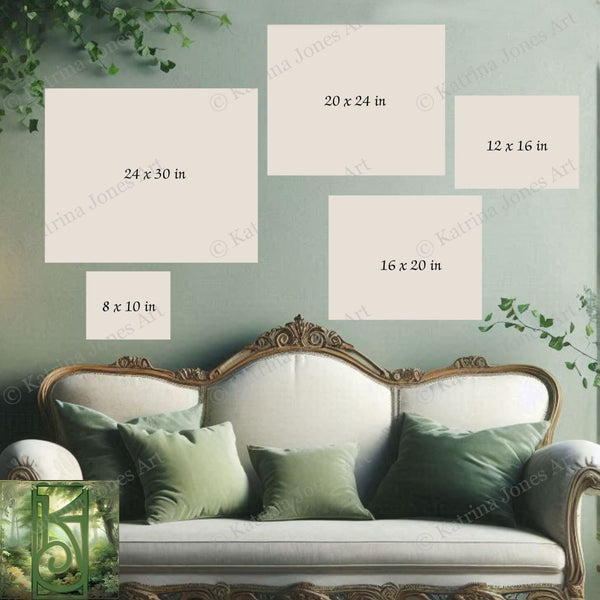 a white sofa with green throw pillows, and there are five framed artworks of varying sizes displayed on the wall above the sofa.