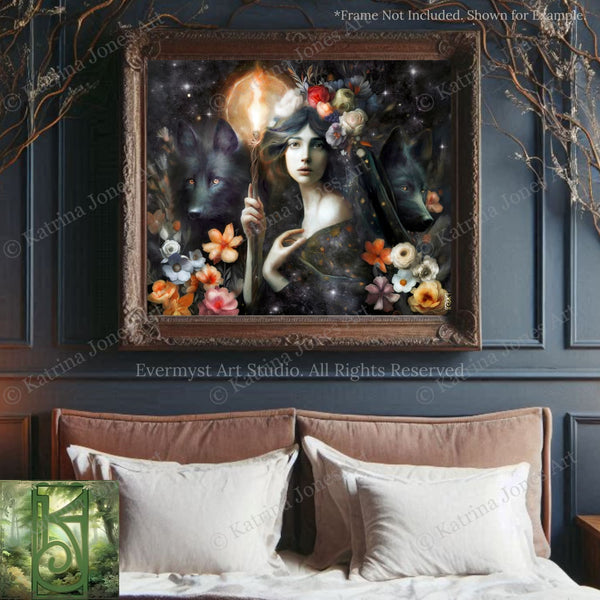 a large framed painting of a woman surrounded by a floral and celestial theme, with a wolf and a moon in the background. The painting is displayed above a bed with white pillows.