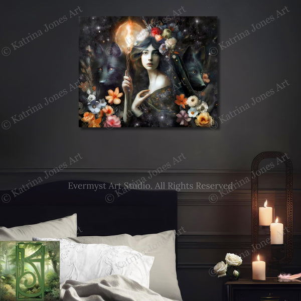 a bedroom scene with a large painting of a woman surrounded by flowers and a wolf on the wall above a bed with white pillows.