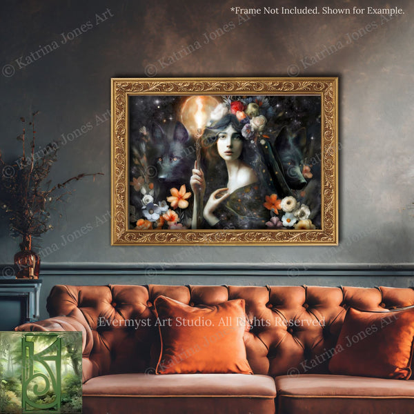 a large framed painting of a woman with a wolf on her shoulder, set against a dark background with a full moon. The painting is hung on a wall above a brown tufted sofa, which is decorated with orange and red throw pillows.