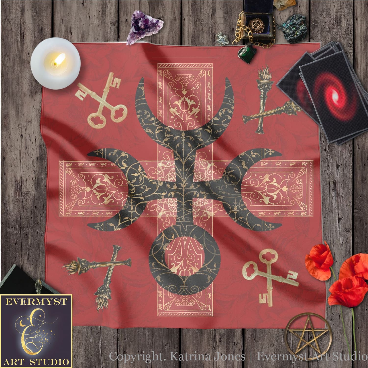 Hecate Symbol Altar Cloth - Witch Pagan Tarot Mat Decor 24X24 Inch Crepe Square