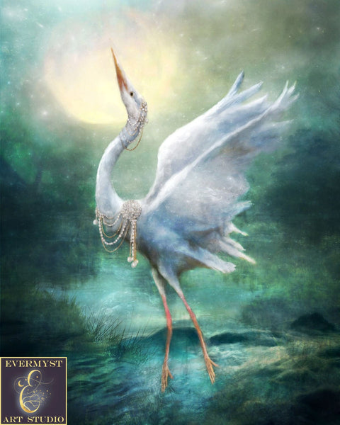 Heron Fantasy Art Magical Bird Painting Animal Totem Mythical Fairy Tale Original Canvas