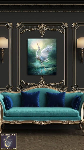 Heron Fantasy Art Magical Bird Painting Animal Totem Mythical Fairy Tale Original Canvas