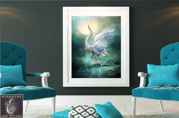 Heron Fantasy Art Magical Bird Painting Animal Totem Mythical Fairy Tale Original Canvas