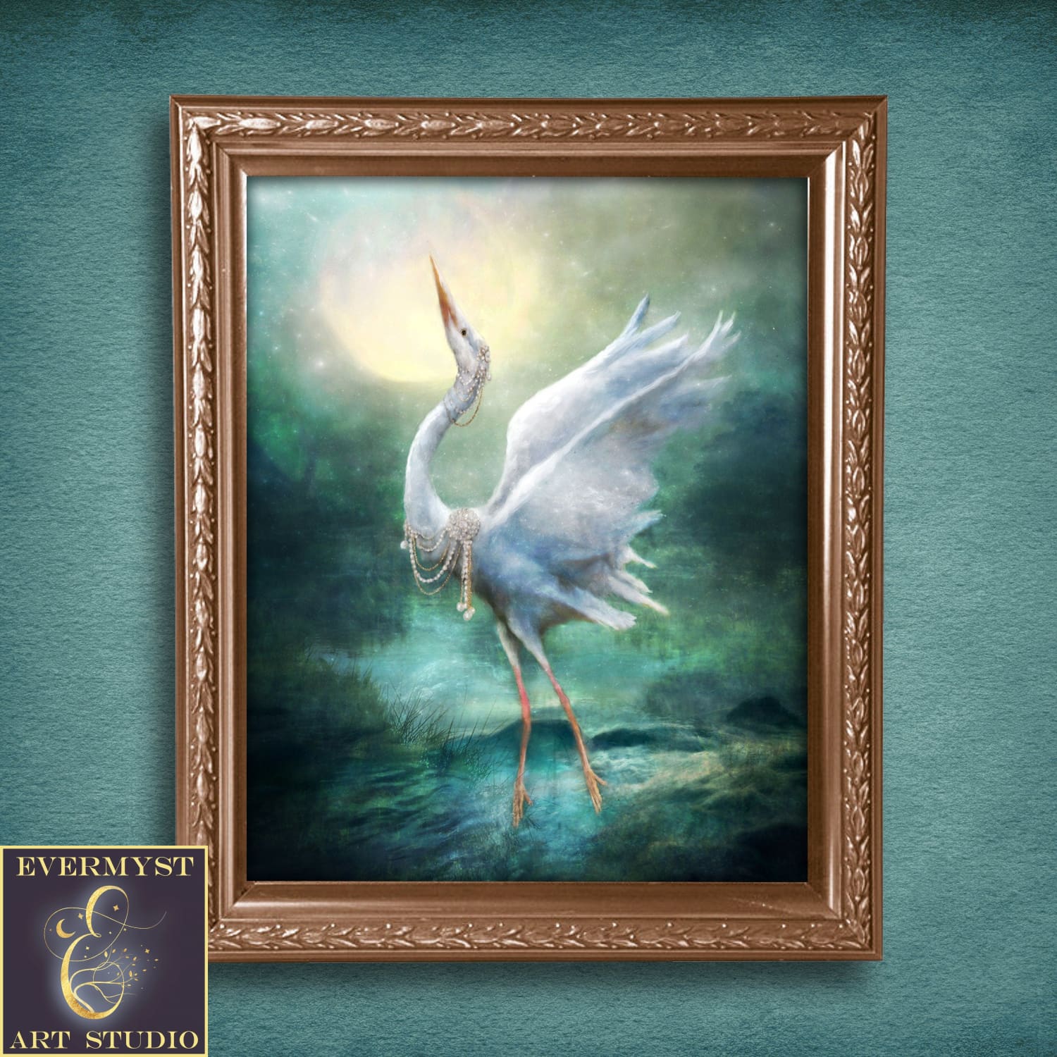 Heron Fantasy Art Magical Bird Painting Animal Totem Mythical Fairy Tale Original Canvas