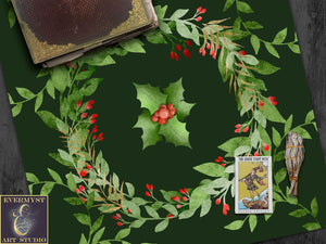 Holiday Tarot Cloth - Holly Yule Altar With Evergreen Wreath 22X22 Inch Twill Square