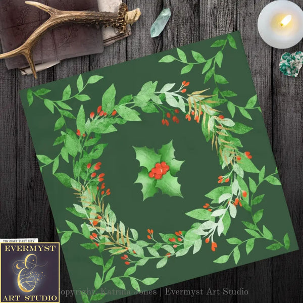 Holiday Tarot Cloth - Holly Yule Altar With Evergreen Wreath Square