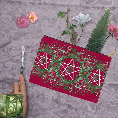Holly Red Pentacle Yule Accessory Pouches Vintage Design Witch Wicca Pagan Decor Zippered Tarot Bag