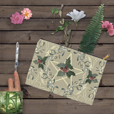 Antique Holly Yule Accessory Pouches Vintage Design Witch Wicca Pagan Decor Zippered Tarot Bag Pouch