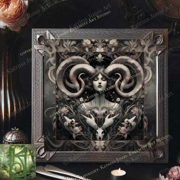 Goddess Art Print Nouveau Painting Divine Feminine Horned Picture