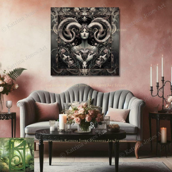 Goddess Art Print Nouveau Painting Divine Feminine Horned Picture