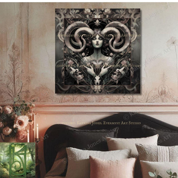 Goddess Art Print Nouveau Painting Divine Feminine Horned Picture