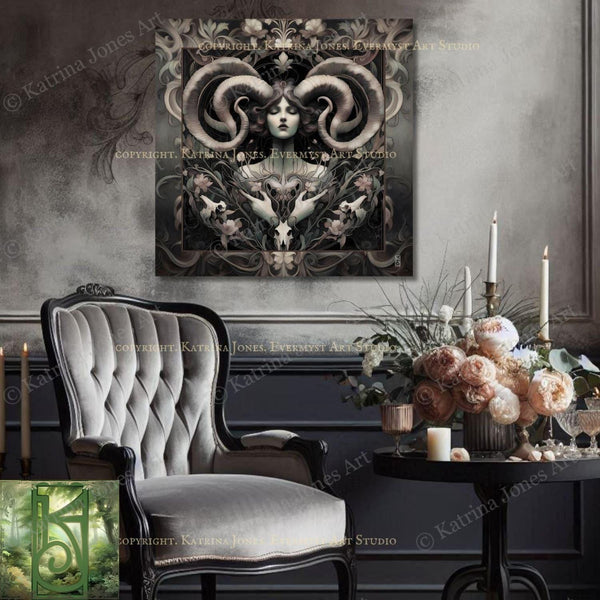Goddess Art Print Nouveau Painting Divine Feminine Horned Picture