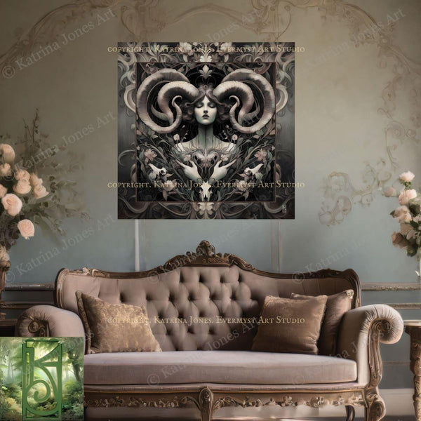 Goddess Art Print Nouveau Painting Divine Feminine Horned Picture