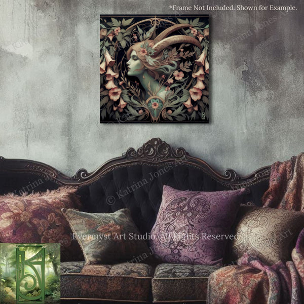 a large, ornate, and intricately designed couch with a floral and nature-inspired design. Above the couch, there is a framed artwork depicting a woman with horns and a green face, surrounded by flowers and foliage. The overall scene creates a harmonious and visually appealing interior design.