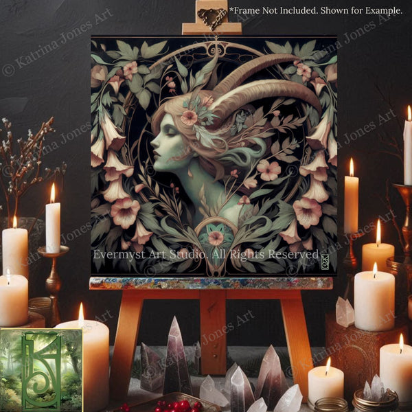 a framed artwork depicting a woman with horns and a green face, surrounded by flowers and candles, with the text "EVERMYST ART STUDIO All Rights Reserved" and "EVERMYST ART STUDIO" visible.