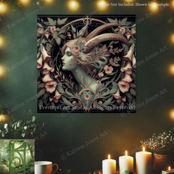 a large, ornate, and intricately designed portrait of a woman with horns, surrounded by floral elements and lit candles, creating a mystical and ethereal atmosphere.