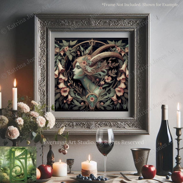 a framed artwork of a woman with horns, surrounded by floral designs, placed on a table with various objects such as candles, wine glasses, and apples.