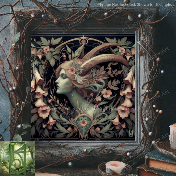 The image is a framed artwork depicting a woman with horns surrounded by a floral design.